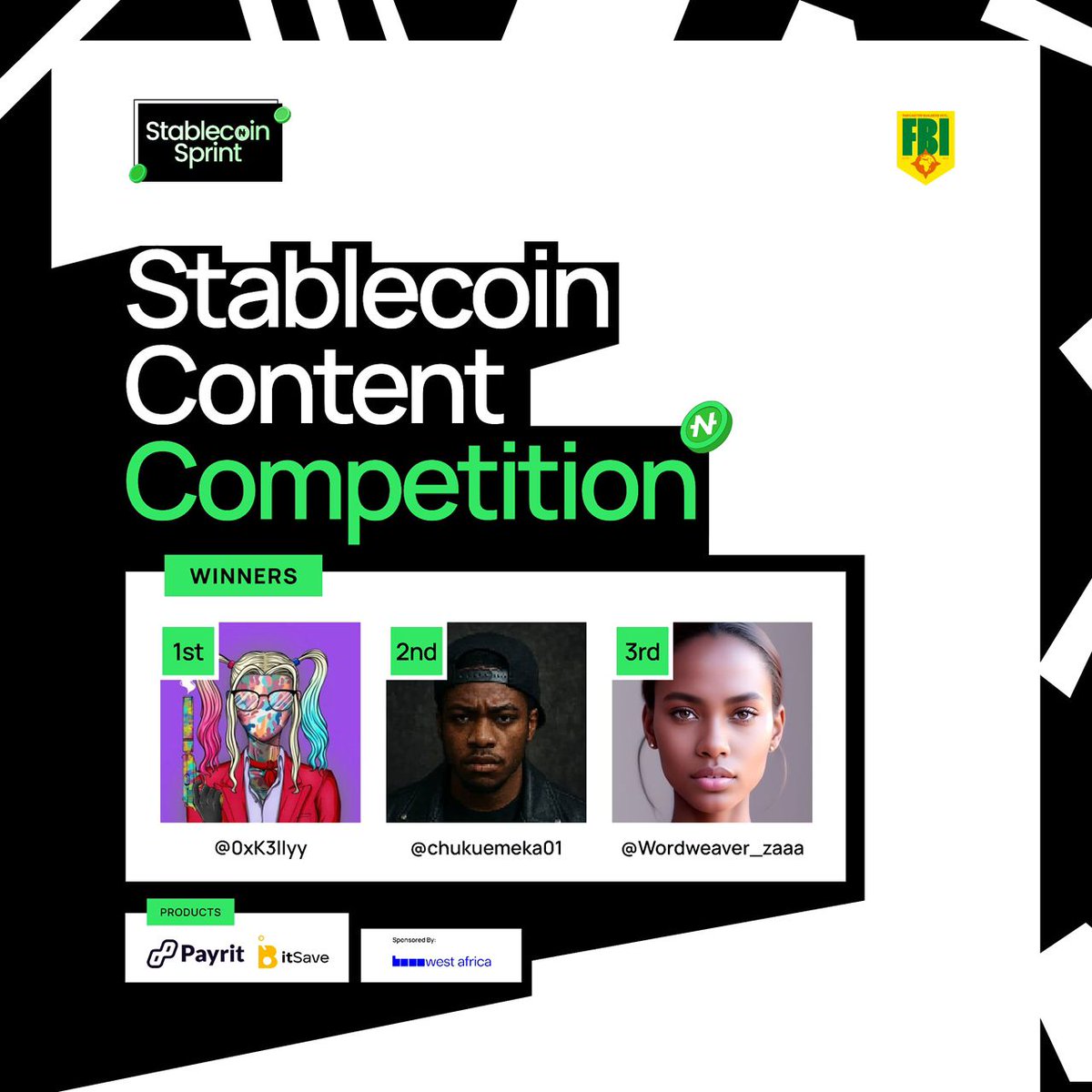 FBI Africa (@wearefbia) on Twitter photo 🔥 Champions Alert🎊
After receiving over 35 submissions for our first Stablecoin Content competition, here are our winners🏆
🎖️ <a href="/0xK3llyy/">BoyWrit3r</a>
🎖️ <a href="/chukuemeka01/">chukuemeka.base.eth</a>
🎖️ <a href="/Wordweaver_zaaa/">Wordweaver🤎</a>
Congratulations 🎉 on winning $50 each.
Kindly send us a Base $USDC compatible wallet address to 🔥 Champions Alert🎊
After receiving over 35 submissions for our first Stablecoin Content competition, here are our winners🏆
🎖️ <a href="/0xK3llyy/">BoyWrit3r</a>
🎖️ <a href="/chukuemeka01/">chukuemeka.base.eth</a>
🎖️ <a href="/Wordweaver_zaaa/">Wordweaver🤎</a>
Congratulations 🎉 on winning $50 each.
Kindly send us a Base $USDC compatible wallet address to