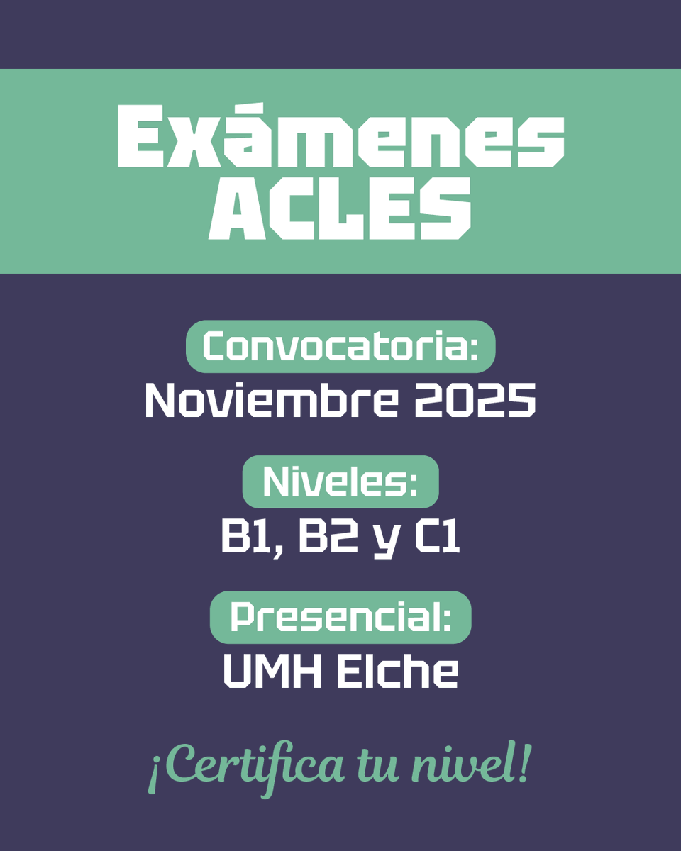 📢¡Últimos días! ¿A qué esperas? ¡Es tu momento para acreditar tu nivel de inglés con los exámenes ACLES!

¿Qué te permitirá esta certificación? ⬇️

🔸Conseguir tu título B1, B2 o C1

🔸Resultados en 30 días

🔸Prueba 100% en papel

📌 Más información en: idiomasumh.es/es/examenes-ac…
