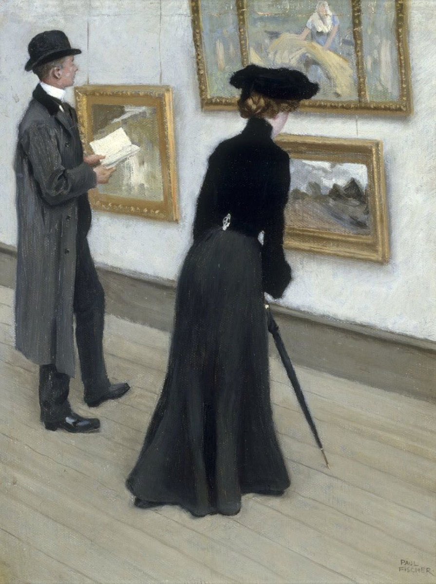 HWarlow's tweet image. Here I am.  
Paul Gustav Fischer  (1860-1934)
He painted the Streets of Copenhagen. 
Ive not seen these two before.  
The Art Gallery one is interesting 
Love the two well swaddled ladies