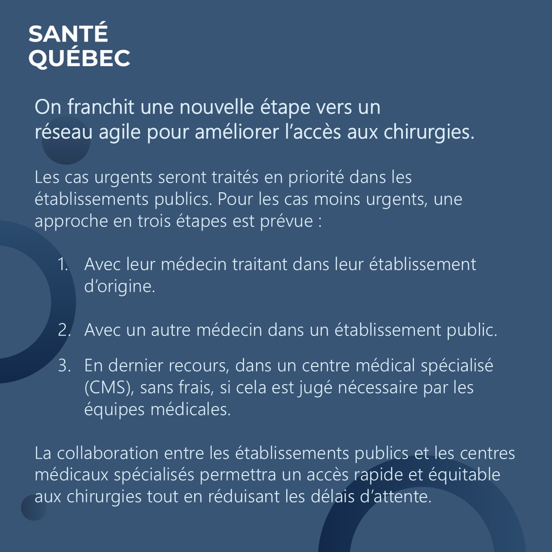 Accès rapide et équitable aux chirurgies pour tous au Québec : voilà notre priorité. Des mesures concrètes sont déployées pour réduire les délais.

Tous les détails ici 👉 tinyurl.com/4zpfn95t

#SanteQuebec #Chirurgie