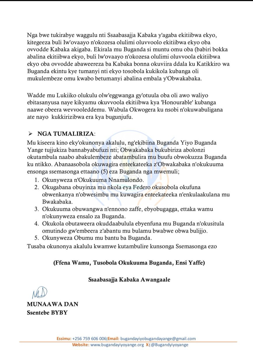 OKULUŊŊAMMYA  ERI BANNABYABUFUZI (KU BUKULU) BW’EKIGAMBO
“OWEEKITIIBWA” ERI ABANTU BA SSAABASAJJA KABAKA.

"Ensangi zino tulabye Hon. <a href="/HonLuttamaguzi/">Hon. Luttamaguzi Semakula PK</a> Muzzukulu wa 
Ndugwa, omukulembeze amanyiddwa mu <a href="/BugandaKingdom_/">Buganda Kingdom</a>..."

Cc: <a href="/cpmayiga/">Charles Peter Mayiga</a> <a href="/KazibweIsrael/">Kazibwe Israel Kitooke</a>

#BugandaYiyo_BugandaYange