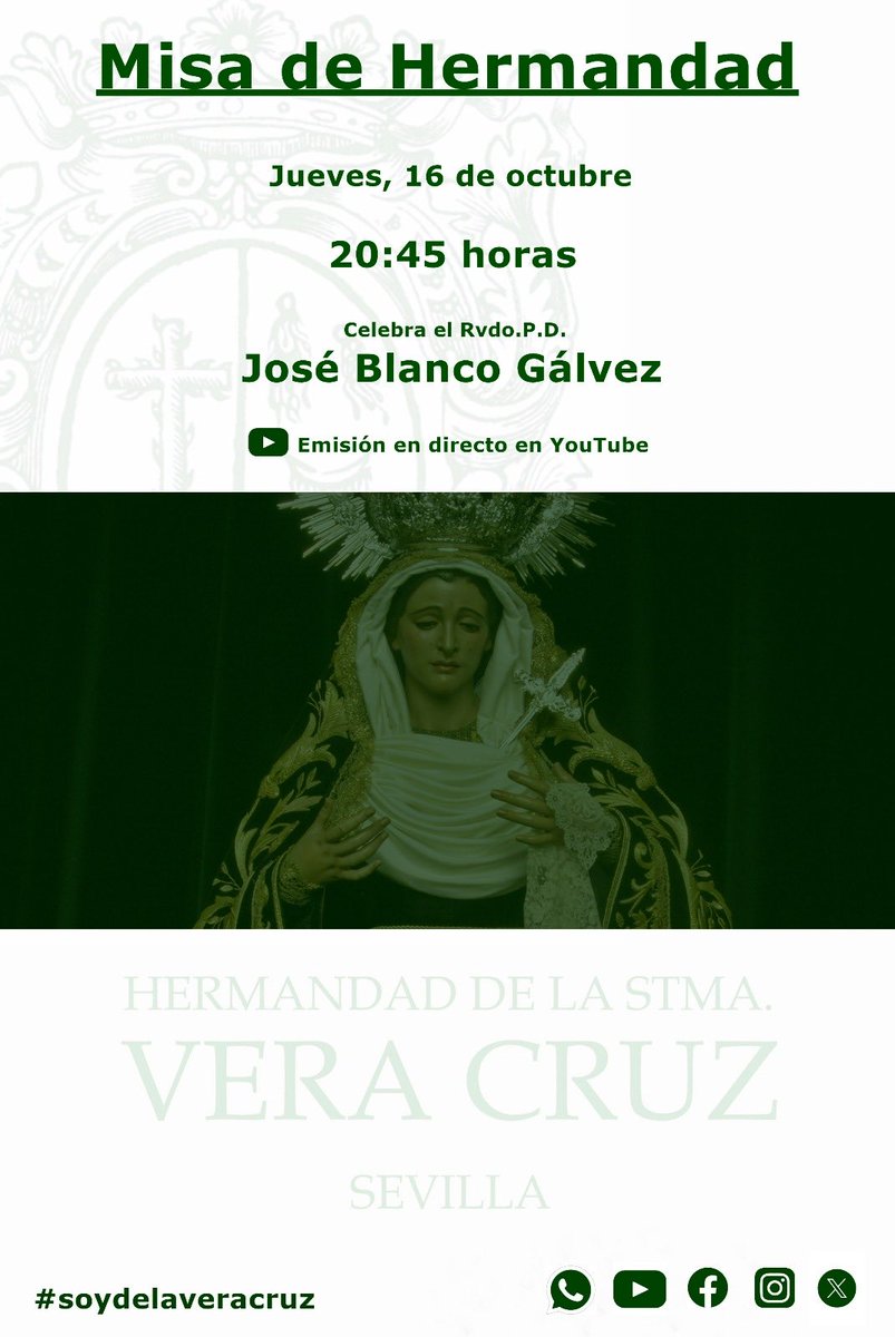 🟢 Misa de Hermandad

🗓️ Hoy

⏰ 20:45 horas 

🎤 Celebra el Rvdo.P.D. José Blanco Gálvez

🤳 Podrás seguirla en directo en este enlace: 

youtube.com/live/2cxAWxaQC…

Paz y bien