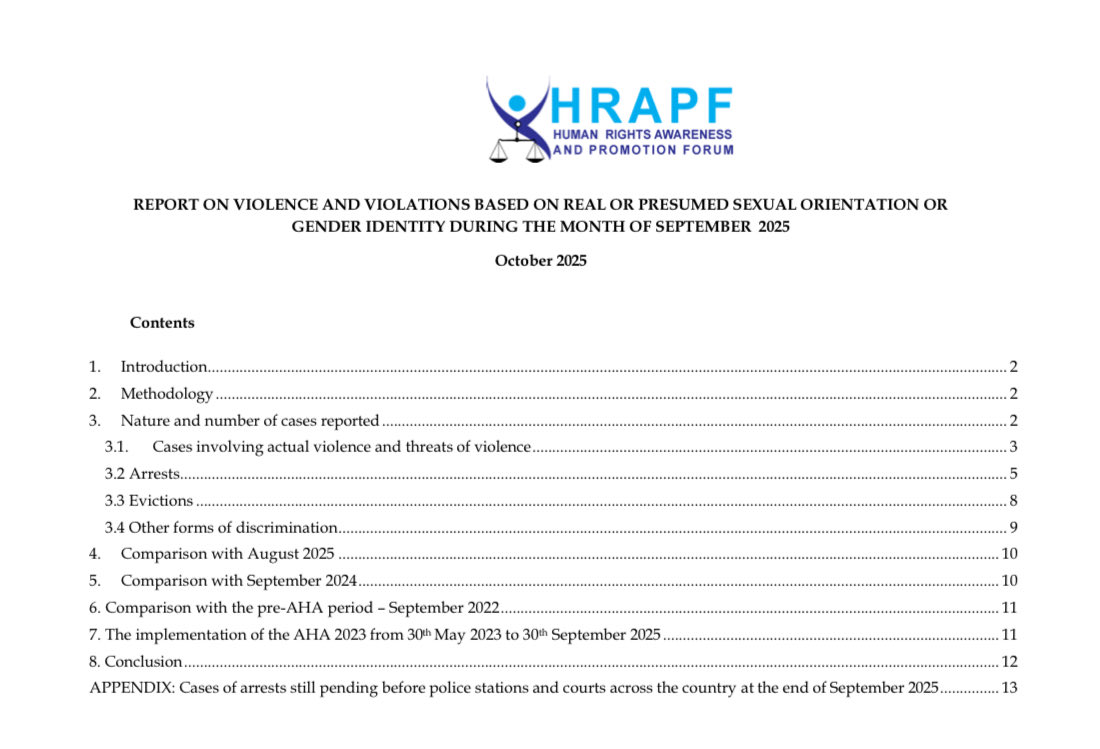 #HRAPFpublication 🧵

HRAPF's September 2025 violations report on violence and other human rights violations based on SOGIE

This report marks 28 months since the #AHA23 was passed

Link to report ➡️ hrapf.org/mdocs-posts/hr…
