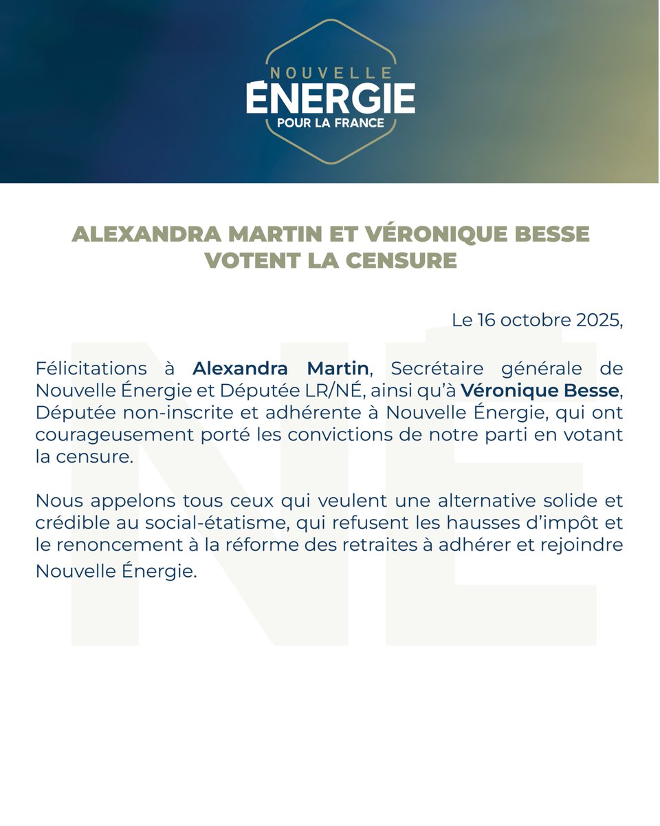 Félicitations à <a href="/MartinAlex06/">Alexandra Martin</a> et <a href="/veroniquebesse/">Véronique Besse</a>, qui ont courageusement porté les convictions de notre parti en votant la censure.