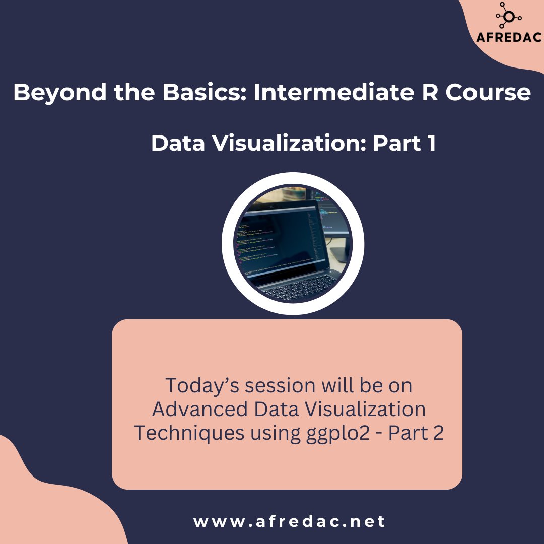 Today is the Day!

Join us for another session of the R Intermediate Training — Part 2: Advanced Data Visualization Techniques using ggplot2

🔗 Sign up now: afredac.net/intermediate-r…

#Afredac #AfredacUbuntuPlatform #RforFunClub #RCommunity #ggplot2 #DataVisualization #DataScience