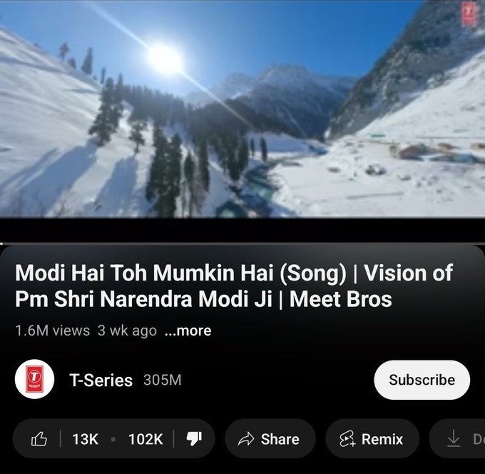 DrNimoYadav's tweet image. There are 102K dislikes on the “Modi Hai Toh Mumkin Hai” song video.
He has now become one of the most disliked Prime Ministers in the world.
Another world record for India, thanks to Narendra Modi for this achievement.
Many countries are upset that their Prime Minister…