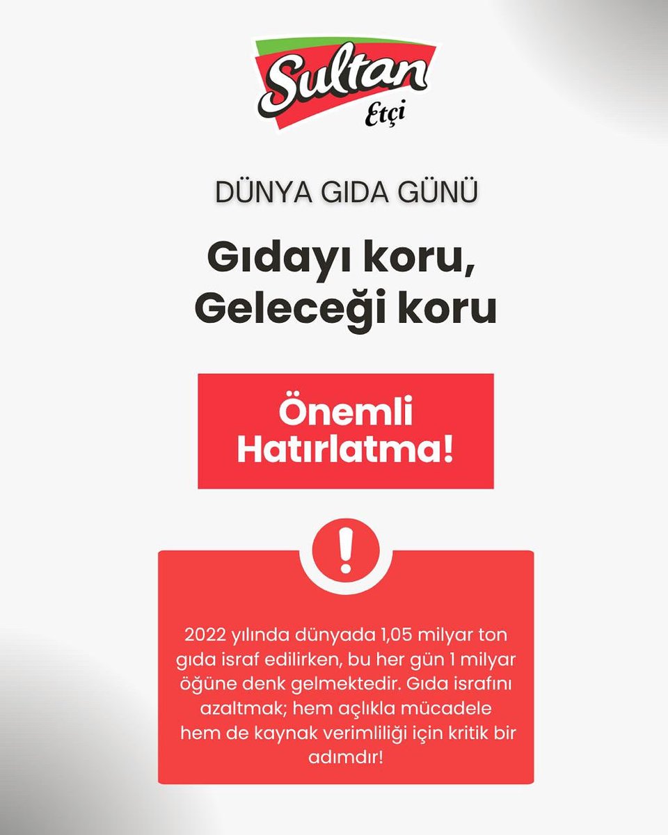 sultanetcom's tweet image. 🌍 Dünya Gıda Günü
Gıdayı korumak, geleceği korumaktır.
Her yıl milyonlarca ton gıda israf ediliyor; oysa küçük farkındalıklarla büyük bir değişim yaratmak mümkün.
Alışverişten tüketime kadar attığımız her adımda dikkatli olmak; hem açlıkla mücadeleye destek olmak hem de gelecek