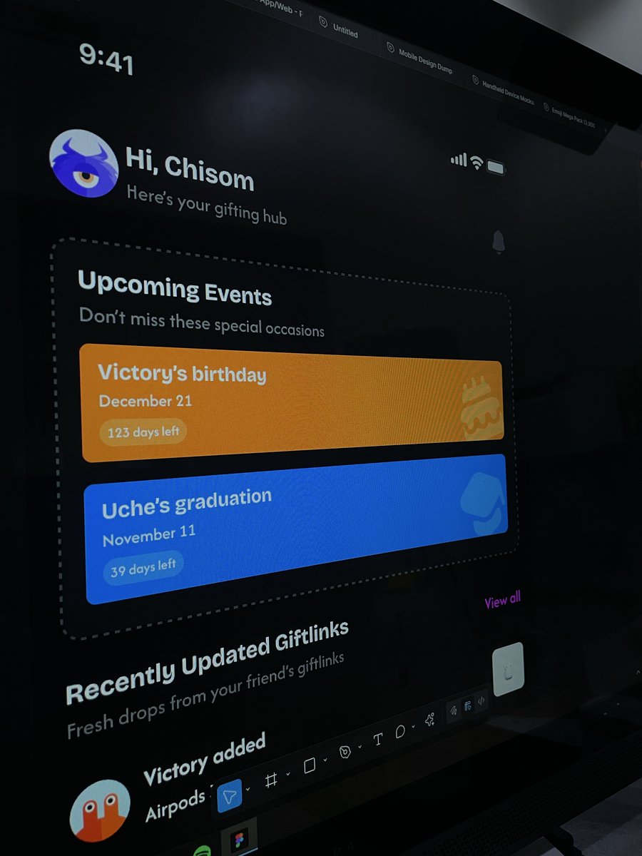 _nanasommy_'s tweet image. Imagine an app where you can post your wishlist and your friends surprise you with gifts 🤭
Giftlink✨
Been a while I designed a dark themed app