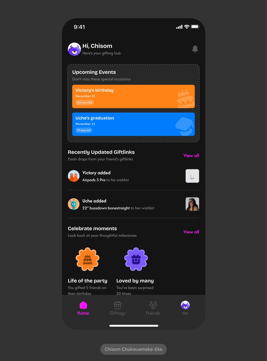 _nanasommy_'s tweet image. Imagine an app where you can post your wishlist and your friends surprise you with gifts 🤭
Giftlink✨
Been a while I designed a dark themed app