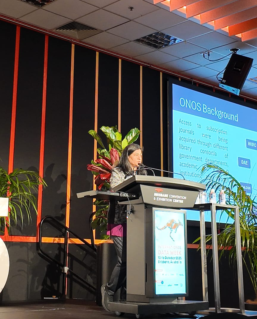 INFLIBNET's tweet image. In the fourth and final day of #RDAPlenary25 #ResearchDataAlliance (as part of International Data Week #IDW, Prof. @DevikaInflibnet, Director, @INFLIBNET , delivered an inspiring keynote talk on ONOS, during #IDW 13-16 October 2025, in #Brisbane, #Australia #INFLIBNET