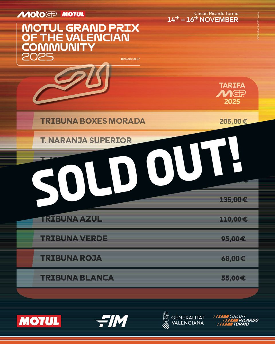 CircuitValencia's tweet photo. 🚨 SOLD OUT #ValenciaGP 🚨

🙌 Once again, the stands at the Circuit will be full for the Motul Grand Prix of the Valencian Community.

⚠️ All tickets are sold out. Be wary of unofficial sales points and ticket resale platforms.

@MotoGP https://t.co/QkF4AFnv5j