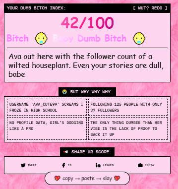 InnaGood1's tweet photo. I'm 42% Dumb B*tch.
Checks out.
What's your DBI? @vana #datarevolution https://t.co/rWUx3JLuuY