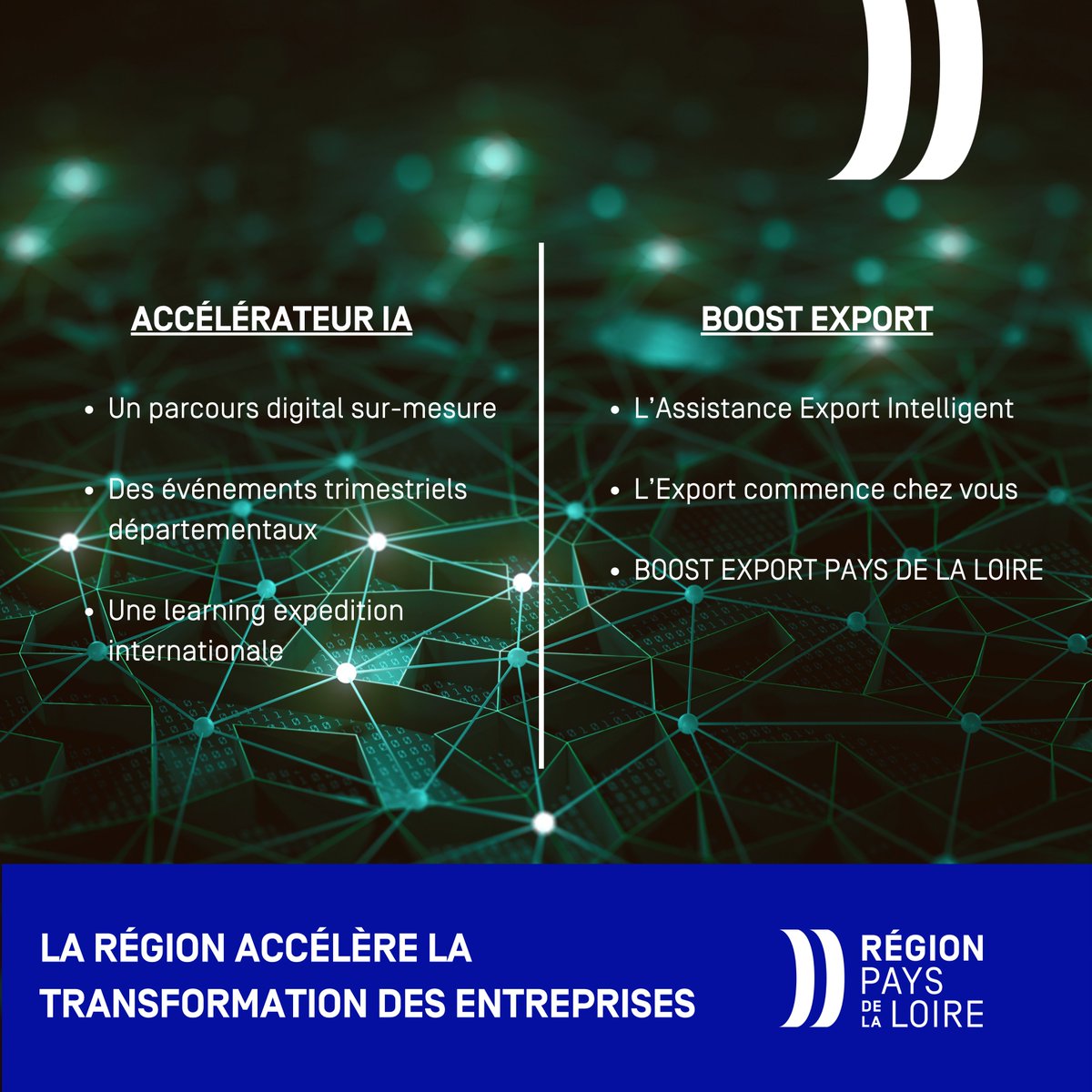 🚀 La Région poursuit sa stratégie économique en lançant 2 nouvelles offres de services aux PME :
👉 L’Accélérateur IA : 1000 entreprises transformées d’ici 2 ans
👉 Boost Export : dérisquer les premiers pas à l’export
Son ambition ? Accompagner les PME ligériennes dans leur