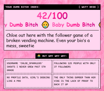 OlegLeog's tweet photo. I'm 42% Dumb B*tch.
Checks out.
What's your DBI? @vana #datarevolution https://t.co/tqTdxacWOi