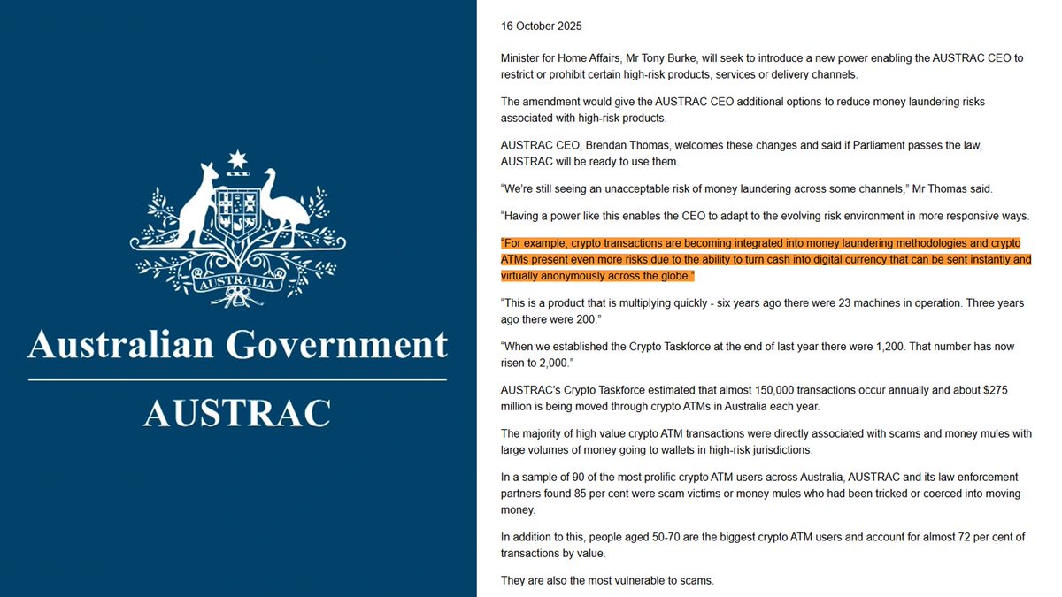 CryptoNewsHntrs's tweet image. 🇦🇺 AUSTRALIA PROPOSES NEW LAW TO CRACK DOWN ON CRYPTO ATMs 🚨

#Australia #CryptoNews #CryptoATMs #CryptoRegulation #Blockchain #Fintech