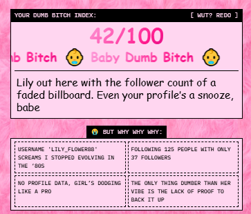 ArsenLux's tweet photo. I'm 42% Dumb B*tch.
Checks out.
What's your DBI? @vana #datarevolution https://t.co/hwc1kEbt3i