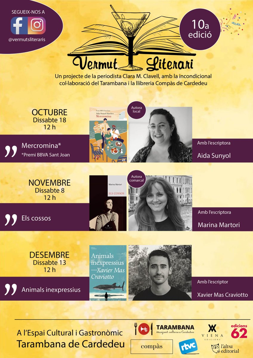 ClaraMarCla's tweet photo. Dissabte encetem la 10a edició dels #vermutsliteraris i em fa molt feliç haver arribat fins aquí amb @eltarambana i amb El Compàs de Cardedeu. Gràcies! 🩷 https://t.co/cKqC7wHayM