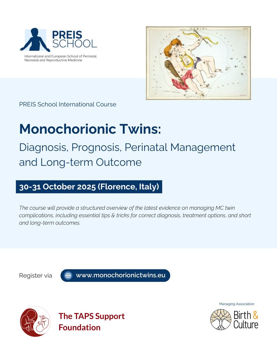 Last chance to register for the PREIS School International Course, Monochorionic Twins: Diagnosis, Prognosis, Perinatal Management and Long-term Outcome, 30–31 October 2025, Florence.Places are limited.   Register: sbee.link/p6qrevcgyk