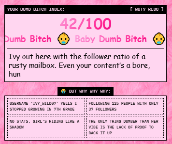 Vitali3Y's tweet photo. I'm 42% Dumb B*tch.
Checks out.
What's your DBI? @vana #datarevolution https://t.co/5qNJ0ScGgw