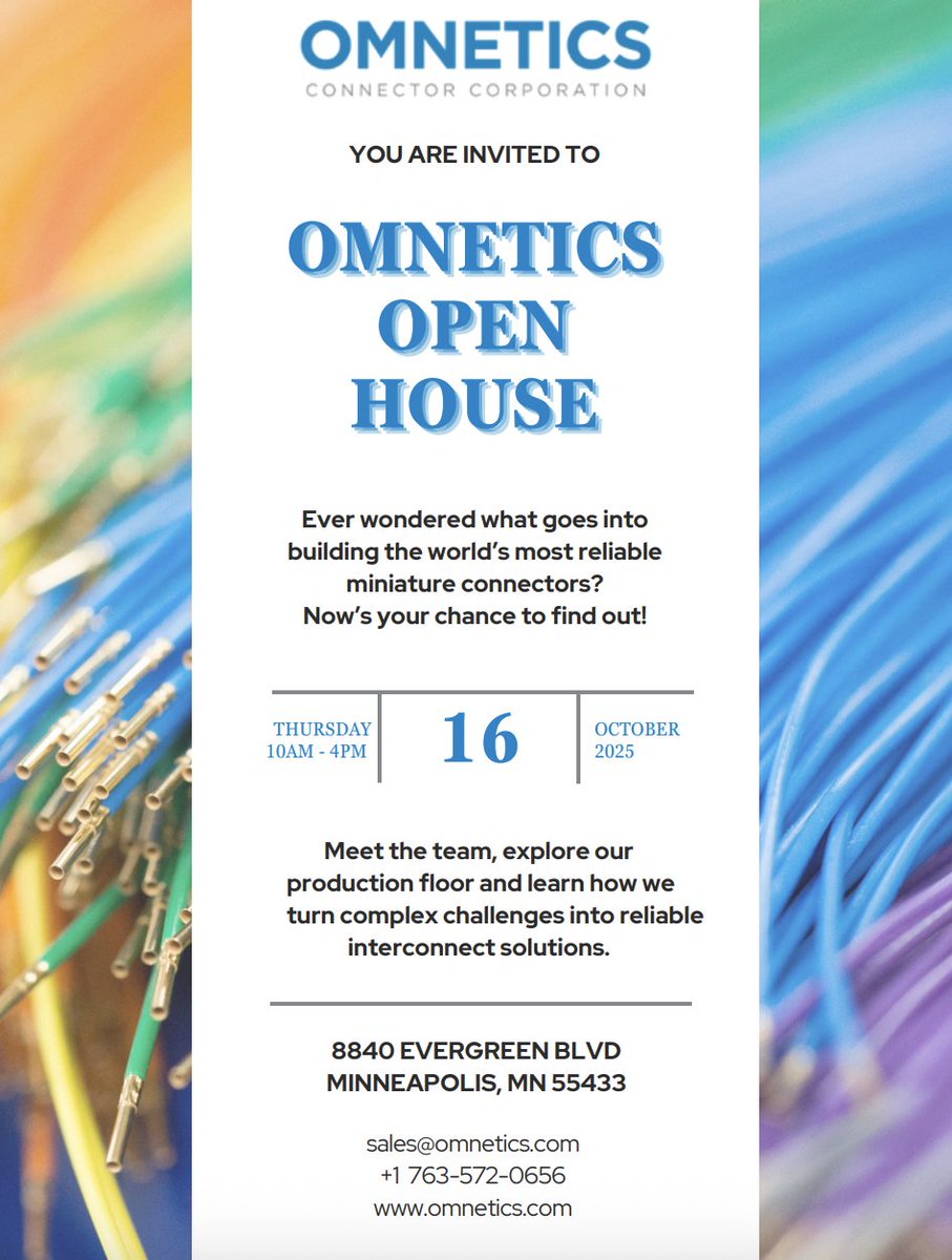 Omnetics's tweet image. Today is the day! We&apos;re excited open from 10 AM to 4 PM for you to see how our world class #miniatureconnectors are made. 

📌 8840 Evergreen Blvd, Minneapolis, MN 55433