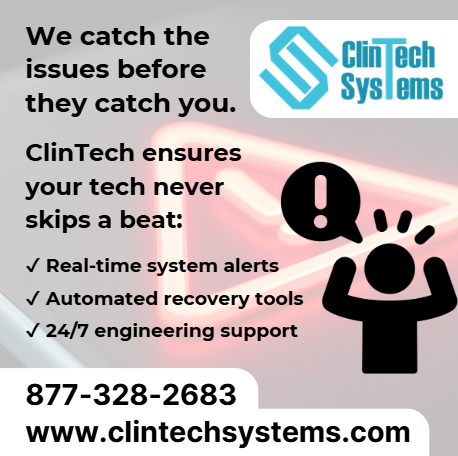 ClinTech Systems (@clintechsystems) on Twitter photo Your IT Safety Net
ClinTech ensures your tech never skips a beat:
✔ Real-time system alerts
✔ Automated recovery tools
✔ 24/7 engineering support
📞 877-328-2683
✉ info@clintechsystems.com
🌐 clintechsystems.com
#ITSupport #HealthcareTechnology #ClinTechSystems Your IT Safety Net
ClinTech ensures your tech never skips a beat:
✔ Real-time system alerts
✔ Automated recovery tools
✔ 24/7 engineering support
📞 877-328-2683
✉ info@clintechsystems.com
🌐 clintechsystems.com
#ITSupport #HealthcareTechnology #ClinTechSystems