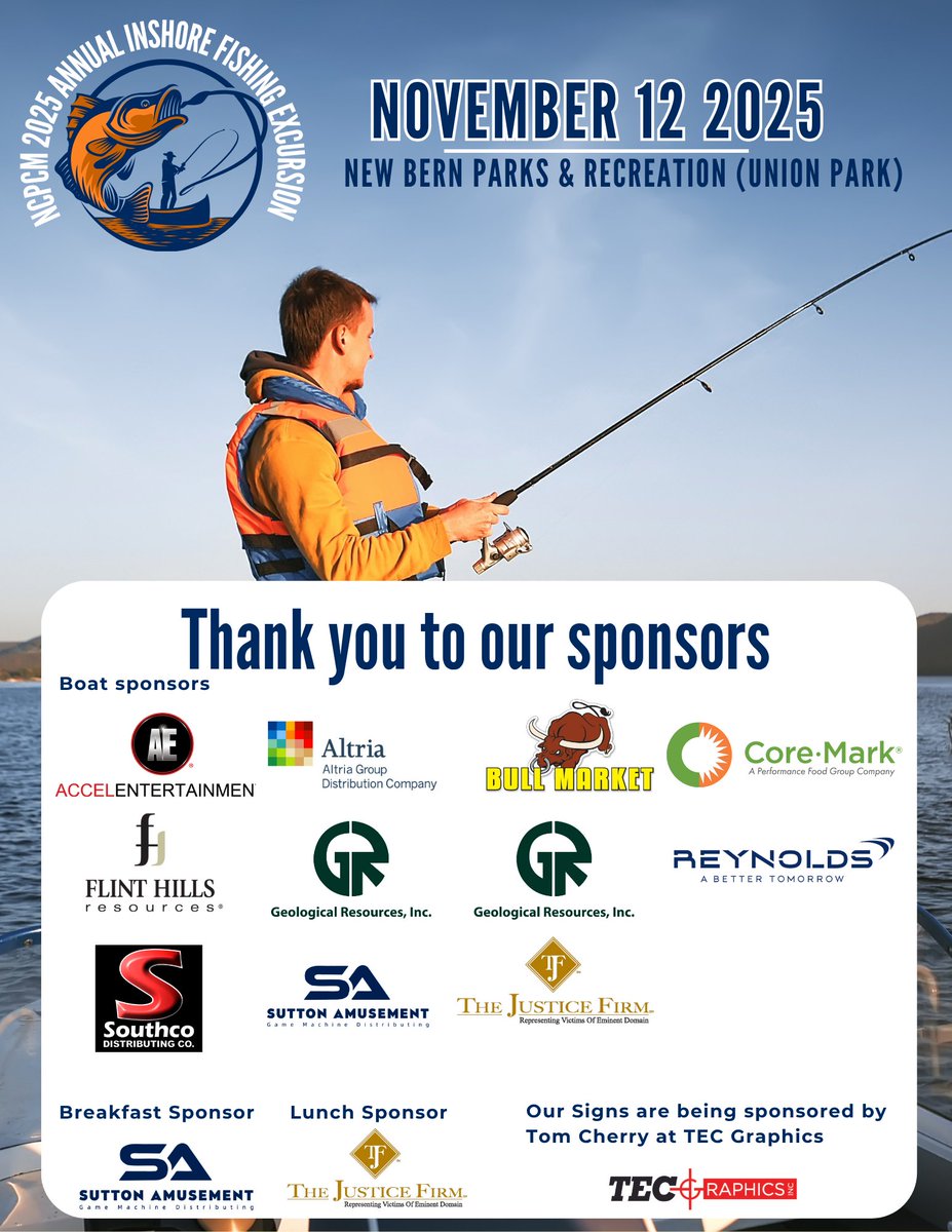 NCPCM's tweet image. 🎣 Huge thanks to our sponsors for making the Inshore Fishing Excursion possible! Their support helps us advocate for our industry. See them on the water or at NCPCM events and show your appreciation! #Fishing #Sponsors #NCPCM