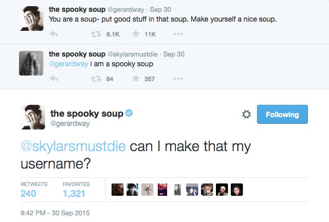 kezixo_'s tweet photo. the concept of gerard making their whole username something you said https://t.co/TYMNN3BdnG