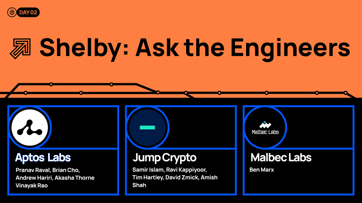 'Shelby: Ask the Engineers'

Ft. <a href="/AptosLabs/">Aptos Labs</a>, <a href="/jump_/">Jump Crypto 🔥💃🏻</a>, &amp; <a href="/MalbecLabs_xyz/">Malbec Labs | IBRL/acc</a>

Builder House | October 16, 2025 | 1:45 PM ET