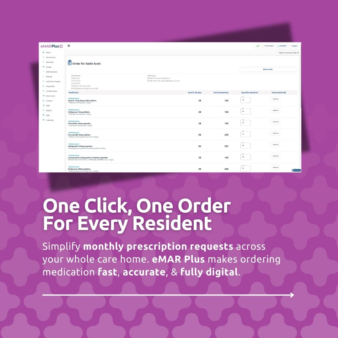 eMARPlus's tweet image. Tired of scrambling through monthly prescriptions? 👀

With eMAR Plus Monthly Orders, care homes can send accurate, data-driven requests in clicks:

✅ Auto-calculates stock
✅ Live tracking
✅ Direct to pharmacy
✅ Full audit trail

Safer. Faster. Simpler.

#eMARPlus