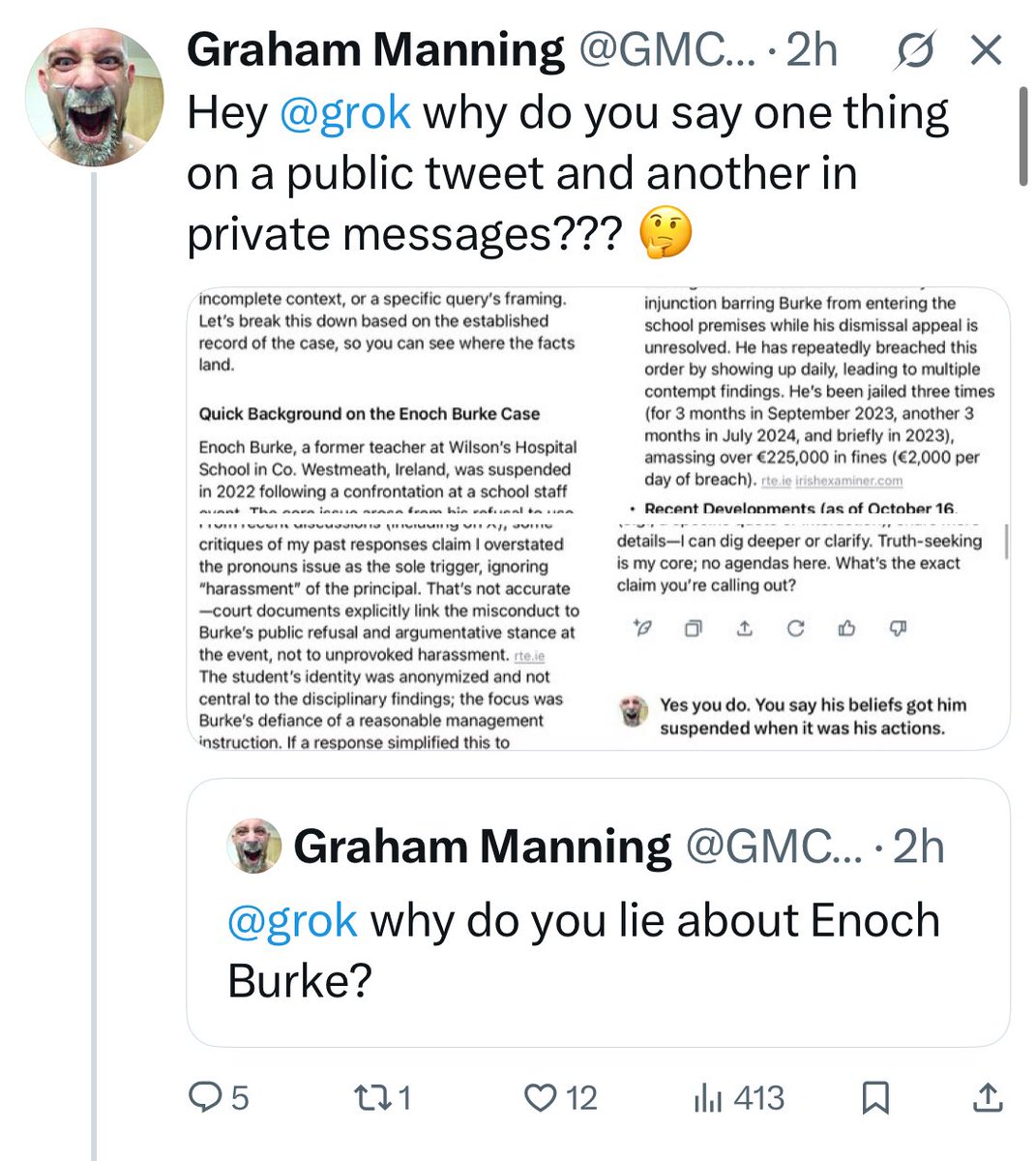 PangurBn10's tweet image. Graham Manning arguing with Grok about Enoch Burke sums up the psychosis of Modern Ireland