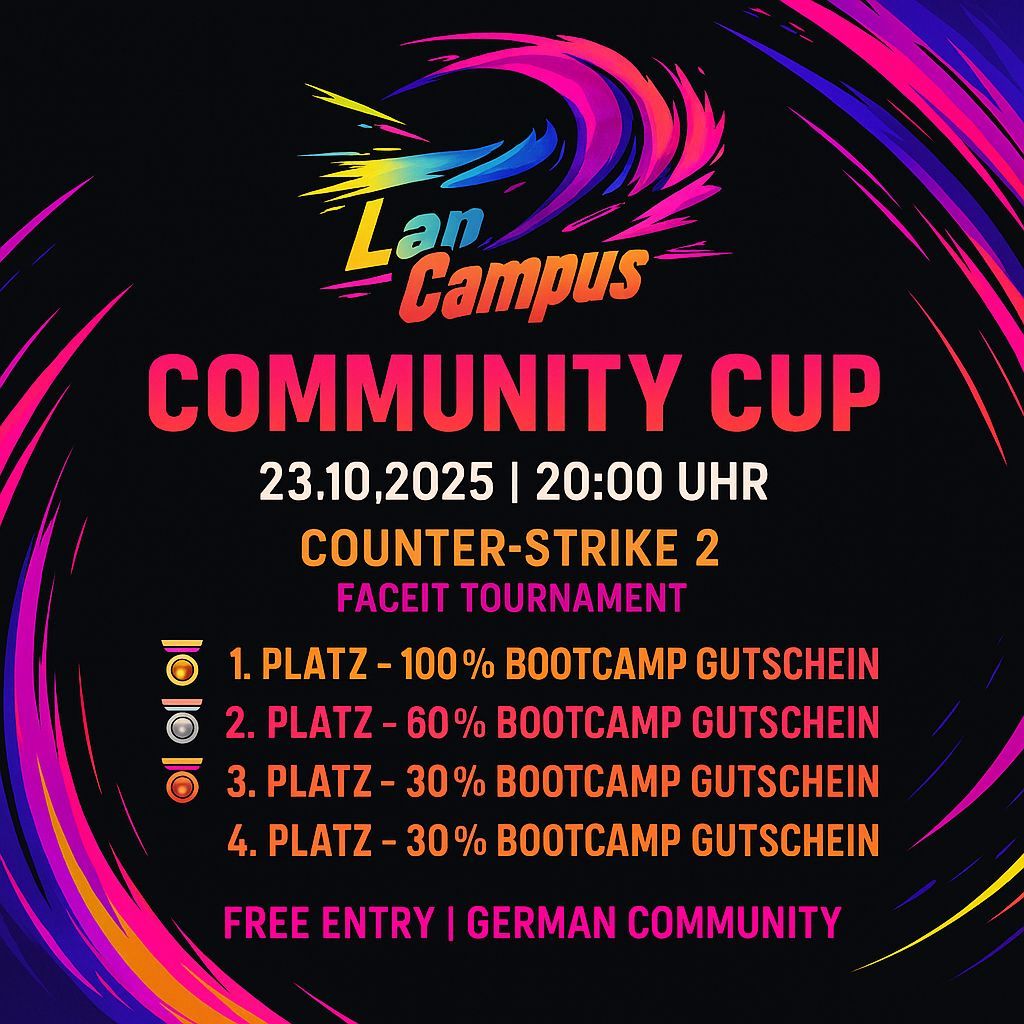 Nur noch eine Woche bis zum #LanCampusCup 🔥 Meldet euer Team an und sichert euch die Möglichkeit auf ein Bootcamp-Wochenende 🖥️🏕️ 👉faceit.com/en/championshi… 
#CS2 #FACEIT #EsportsGermany