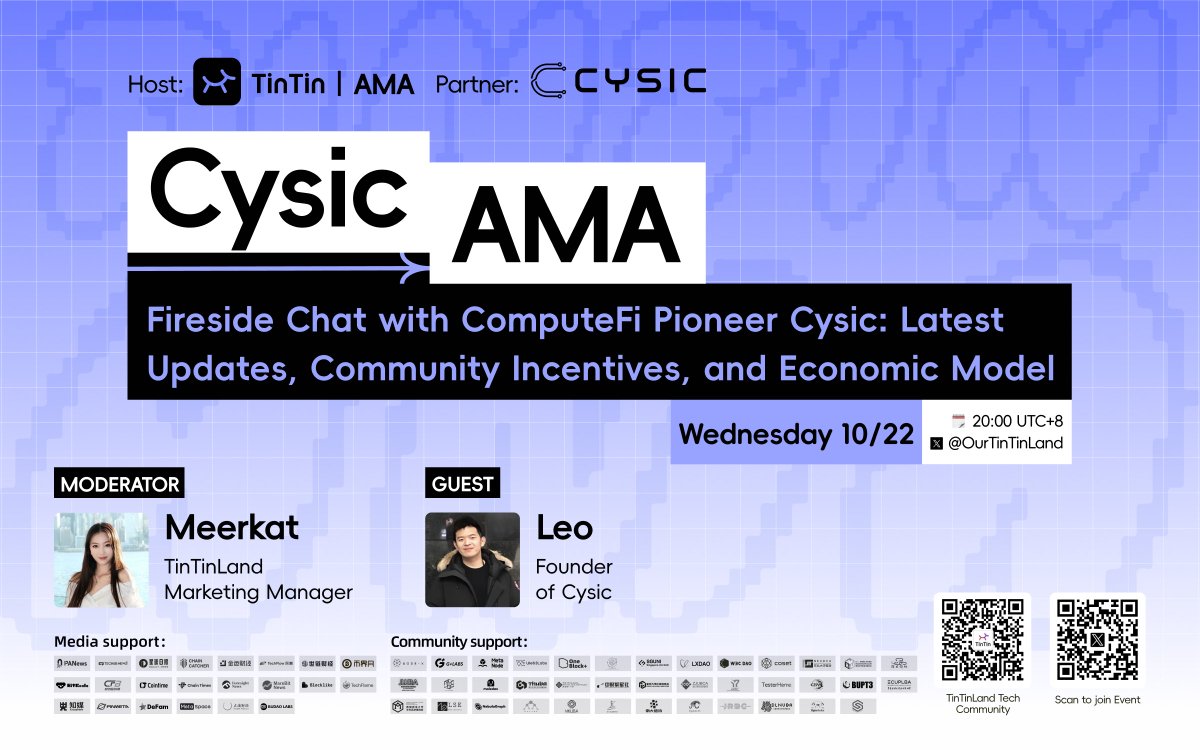 🎙️ [Ask a question and share a 100U prize pool💰]  Join us on Oct 22 for an AMA with <a href="/OurTinTinLand/">TinTinLand</a> featuring the ComputeFi pioneer <a href="/cysic_xyz/">Cysic (mainnet arc)</a> <a href="/Cysic_CN/">Cysic中文</a>!  

1️⃣ Follow <a href="/OurTinTinLand/">TinTinLand</a> + <a href="/TinTinLand_ZH/">TinTinLand 中文</a> + <a href="/cysic_xyz/">Cysic (mainnet arc)</a> + <a href="/Cysic_CN/">Cysic中文</a> 
2️⃣ Retweet this tweet 
3️⃣ Comment on your question for