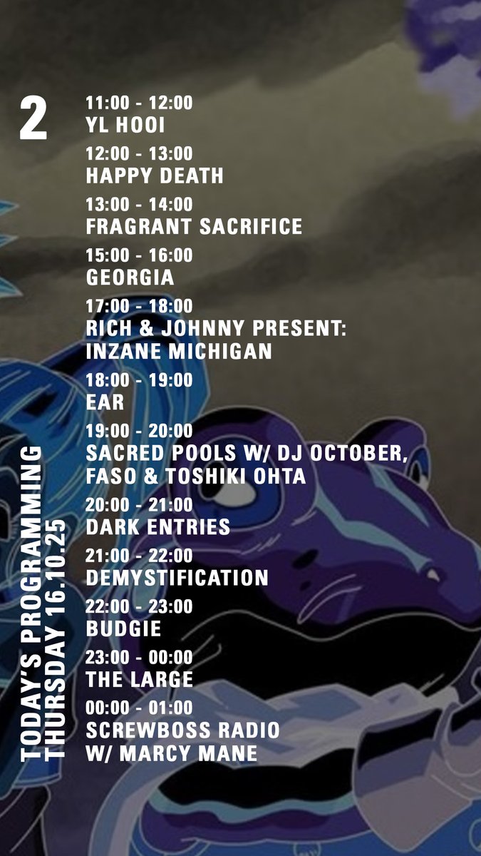 today on nts.live/2
<a href="/djoctober/">October</a> <a href="/darkentriesrecs/">Dark Entries Records</a> <a href="/budgiefirebeats/">Budgie</a> <a href="/itsthelarge/">the large</a> <a href="/MARCYMANE/">screwboss</a>