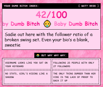 Ramil9K's tweet photo. I'm 42% Dumb B*tch.
Checks out.
What's your DBI? @vana #datarevolution https://t.co/WtptixBMk4