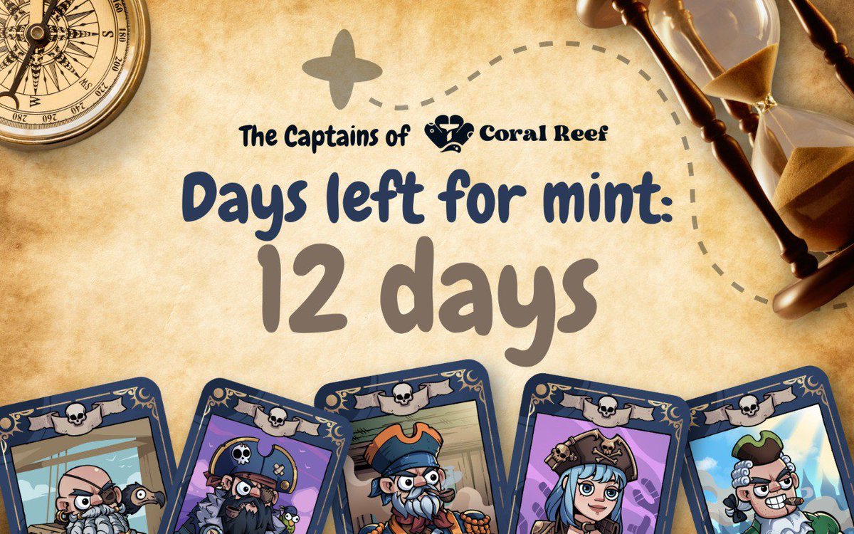 Suicoralreef's tweet image. ⏰ 12 DAYS LEFT till The Captains Mint! ⛵️
Are you ready to get your WL? ⚓️
🎨 Complete challenge:
Reply to this post with your art showing The Captains on their way to mint!
🏆The 5 best works will get WL + share 50 USDC reward pool
Hurry up. You have 48 hours.