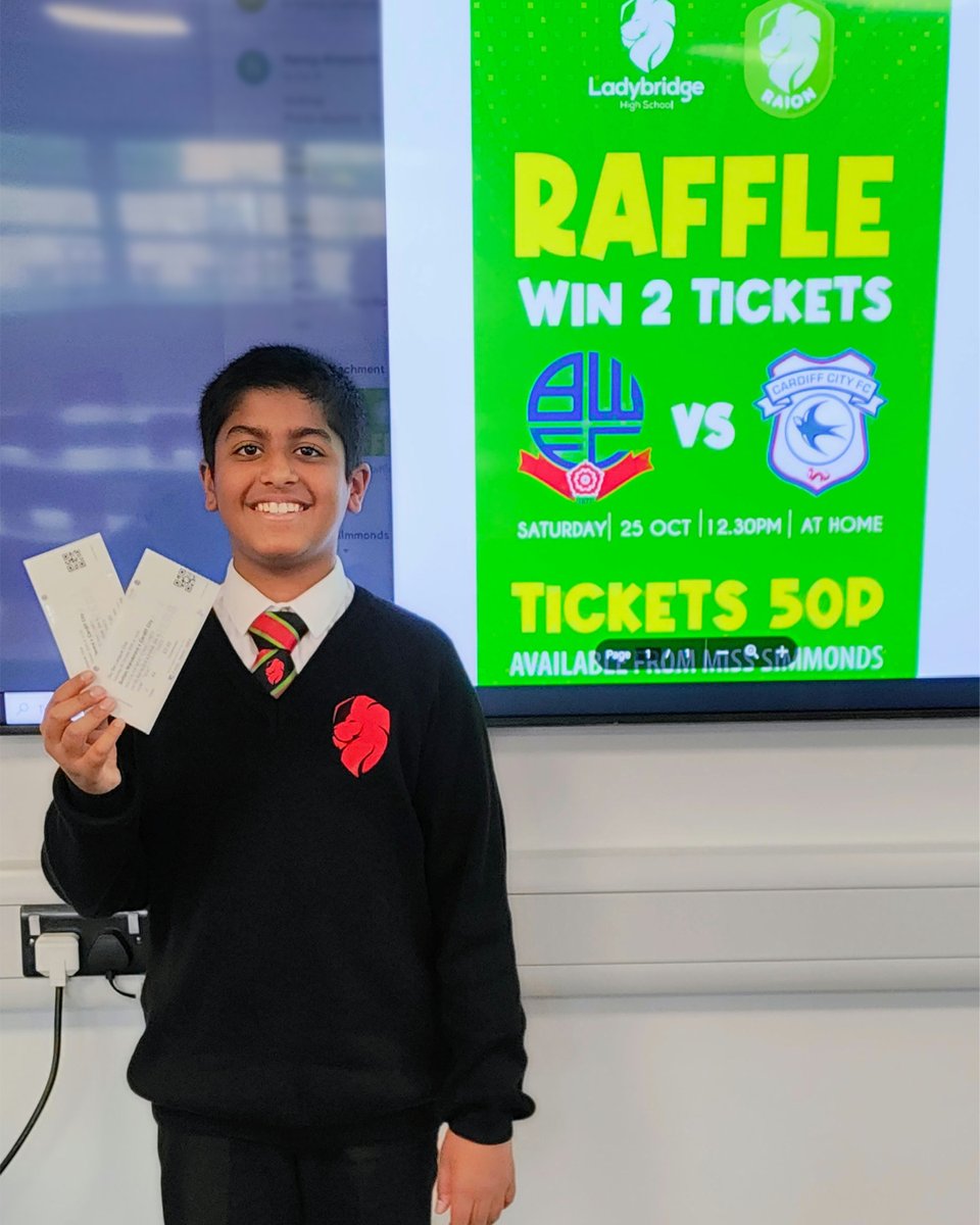 LadybridgeHigh's tweet image. Congratulations to Muhammad in Raion 5 who is the winner of the raffle held by Raion 8 for 2 tickets to see @boltonwanderers v @CardiffCityFC next Saturday! All proceeds will go to @UNICEF_uk 🤩
#LadybridgeLearners #communityproject #fundraising
