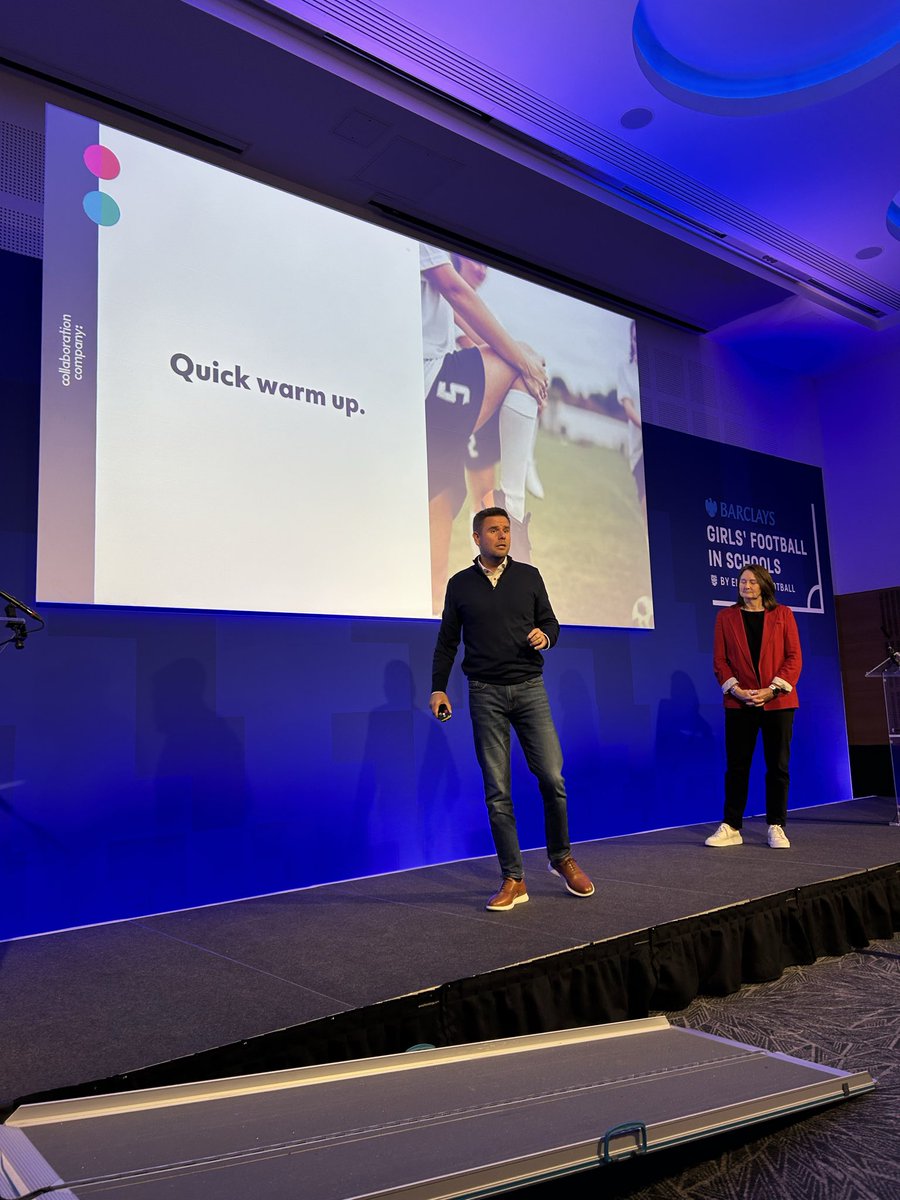 Time for a quick warm up before the last part of our keynote this morning 👏

Collaboration is the theme of the day and a key part of this warmup! 

#madeforthisgame #girlsfootball