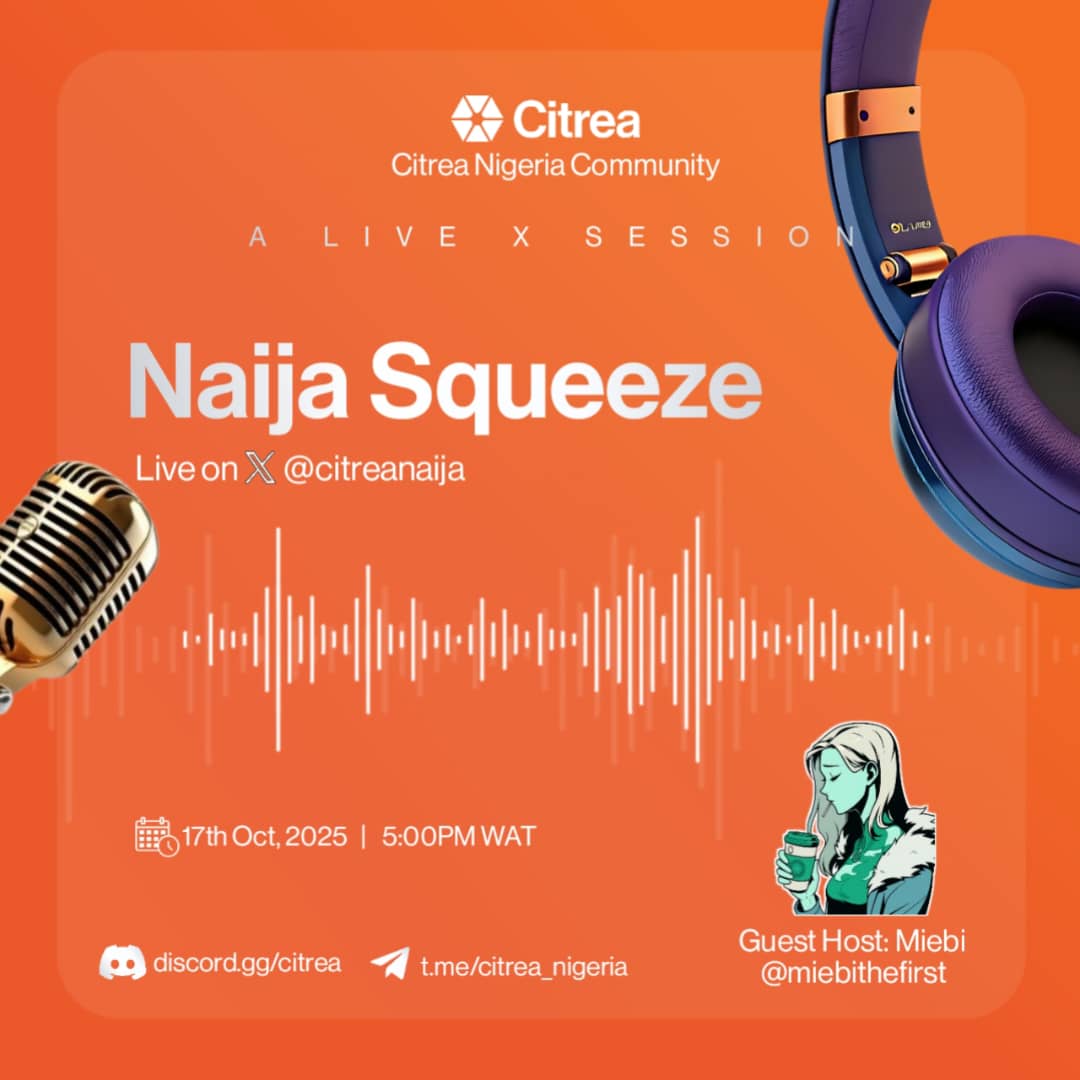 Citreanaija's tweet image. ๐๏ธ Naija Squeeze Code Giveaway + Live Space!
Weโre going live this Friday, 17th Oct | 6PM WAT on X @citreanaija for Naija Squeeze with our co-host for this edition @miebithefirst
How to Enter Giveaway:
1๏ธโฃ Like + Repost this post
2๏ธโฃ Tag 2 friends in the comments
3๏ธโฃ Join theโฆ