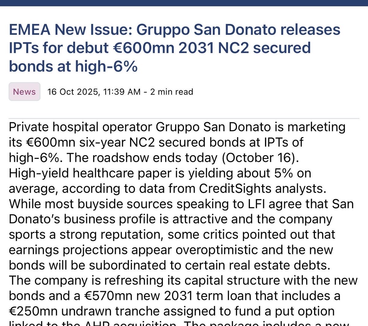 A healthcare credit with European emerging market exposure is pricing its B3 #highyield debut with a 6% handle — not bad, no? v2.creditsights.com/articles/40007… and a nice size, too.