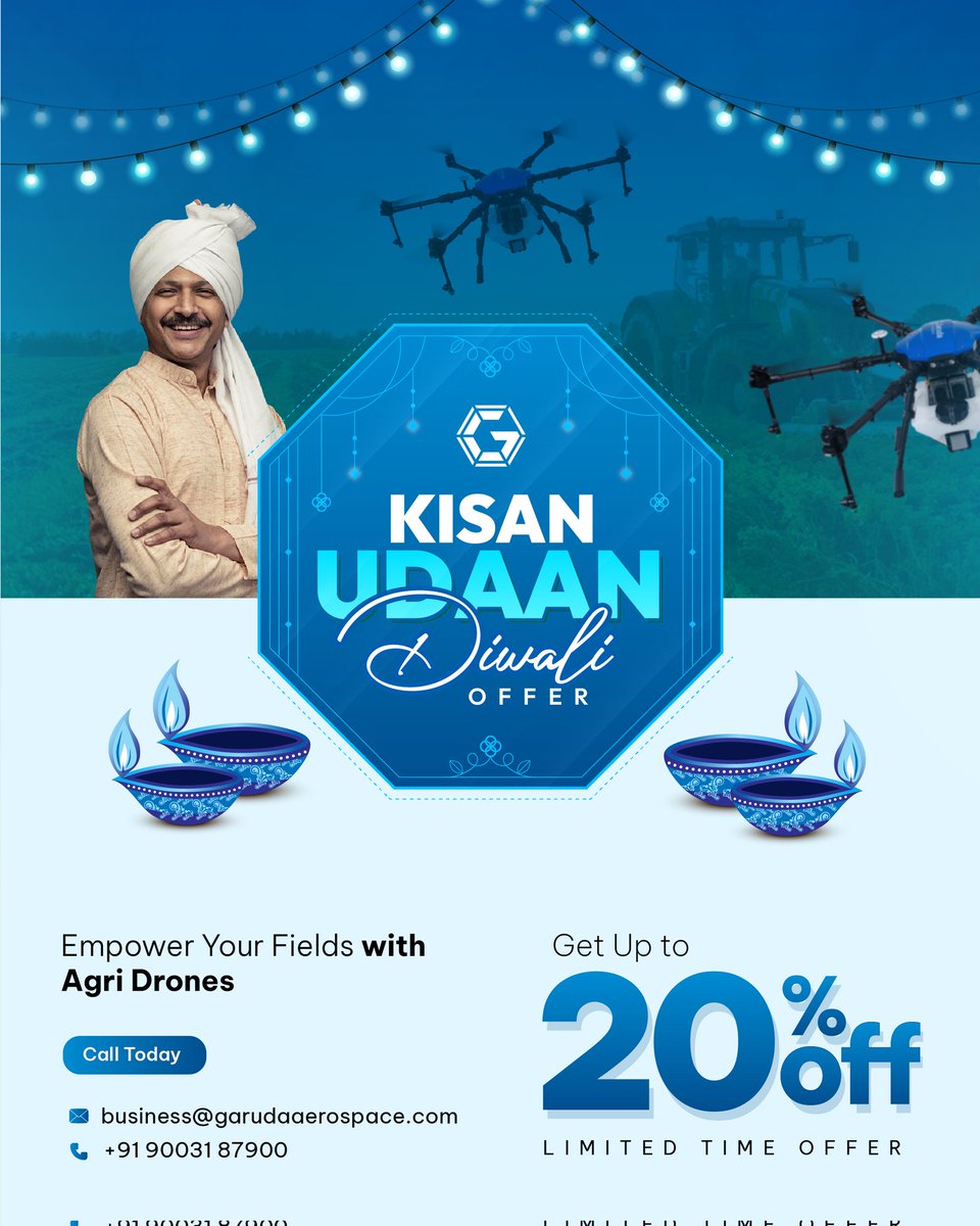 garuda_india's tweet image. This Diwali, light up your fields with innovation! 

 Garuda Aerospace brings the Kisan Udaan Diwali Offer, get up to 20% OFF on Agri Drones.

 Empower your farms with technology that delivers more yield, less effort, and maximum efficiency! 

#GarudaAerospace #KisanUdaan
