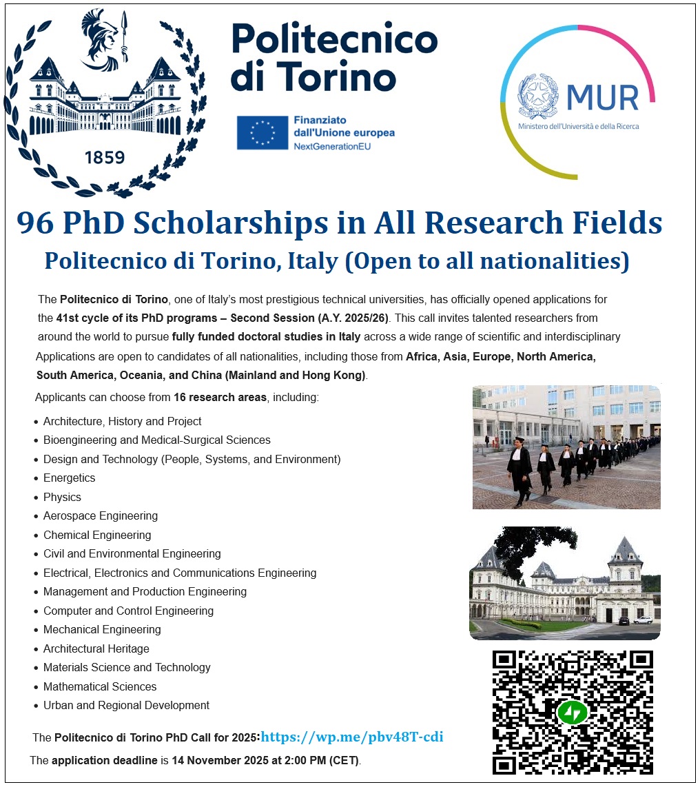 🎓 Call for Applications: Politecnico di Torino PhD Programs – 41st Cycle (96+ PhD Scholarships) in Italy 🇮🇹, See details at: wp.me/pbv48T-cdi