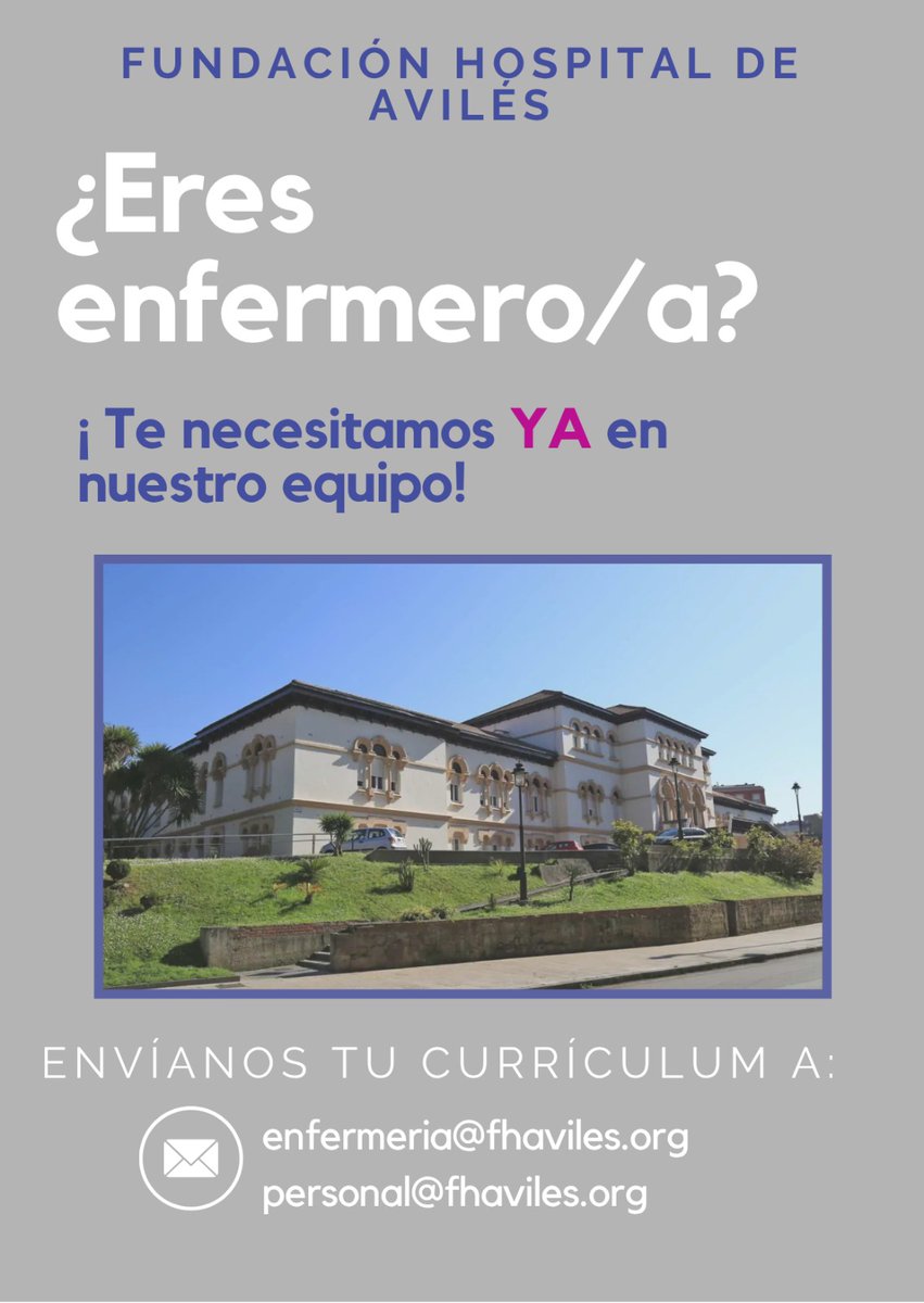 Fundación Hospital de Avilés (@fhaviles) on Twitter photo 🔊 Oferta de empleo
Buscamos personal de enfermería para incorporación en área de hospitalización y quirúrgica.
Ofrecemos variedad de turnos.
¿Te interesa?
🌐 Envíanos tu CV a enfermeria@fhaviles.org
personal@fhaviles.org 🔊 Oferta de empleo
Buscamos personal de enfermería para incorporación en área de hospitalización y quirúrgica.
Ofrecemos variedad de turnos.
¿Te interesa?
🌐 Envíanos tu CV a enfermeria@fhaviles.org
personal@fhaviles.org