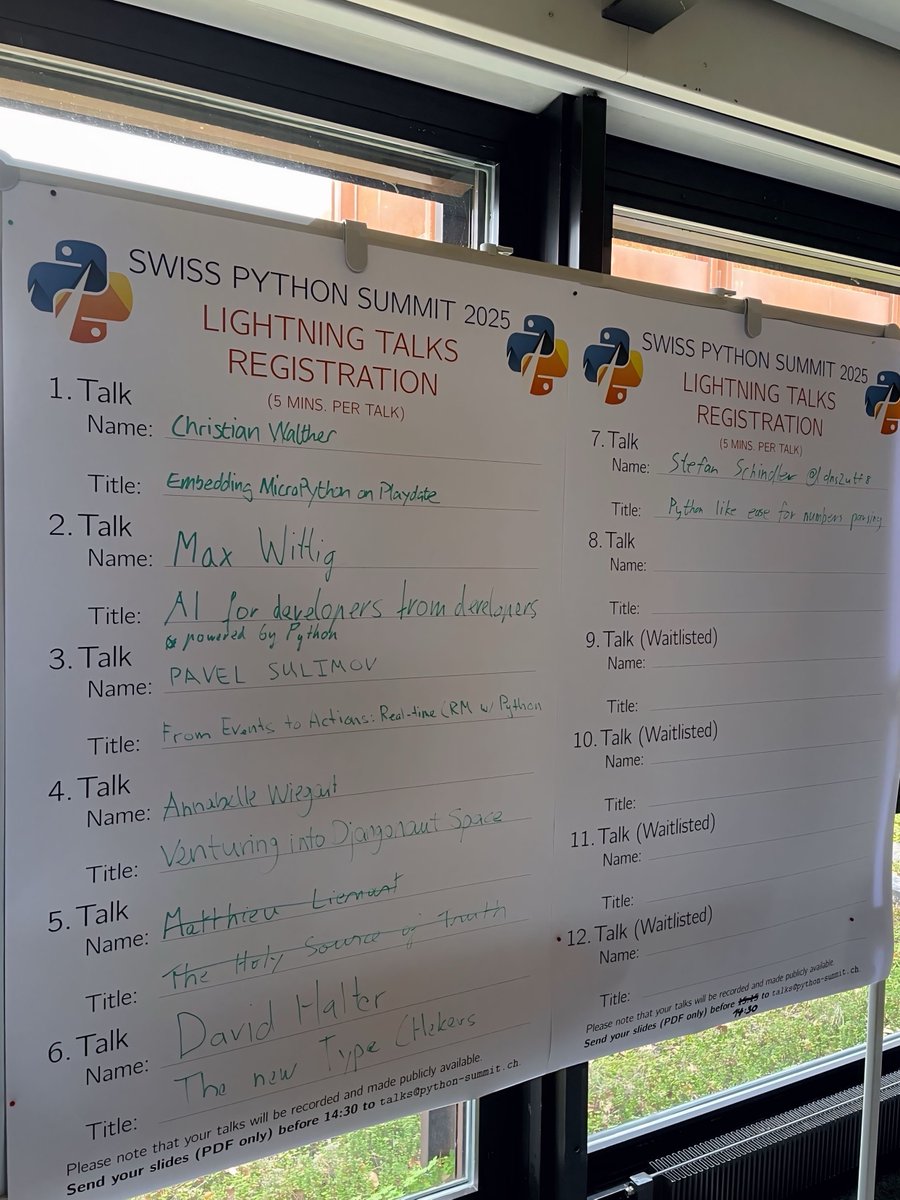 pythonsummit's tweet image. ⚡ Last call for Lightning Talks at #SwissPythonSummit day 1!
Got something cool to share about #Python, #Rust, data, AI, or open source?
Grab one of the final spots and inspire the community!