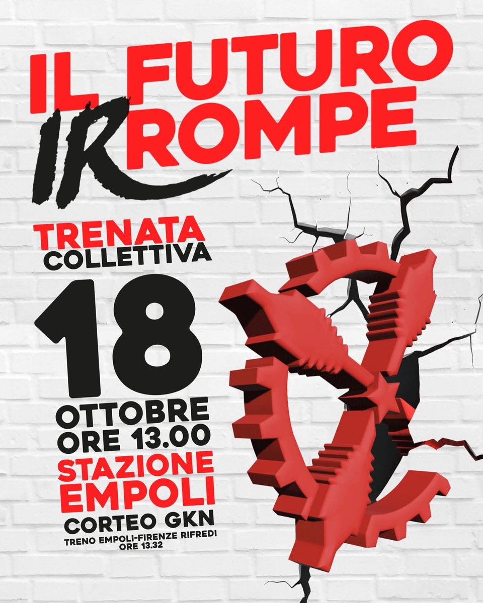 ⚒️ Sabato 18 ottobre  partenza collettiva per la manifestazione a #Firenze del <a href="/CoiGkn/">CoiLavoratoriGKN ~ #Insorgiamo</a> @insrgiamo 🇵🇸
Ritrovo dalla stazione di #Empoli ore 13
💥 18 ottobre: corteo "Il futuro irrompe". H 14.30 Piazza Ugo di Toscana, Firenze (università di Novoli) <a href="/crempoli/">comunitainresistenza</a>
instagram.com/p/DP3TxVKjZUj/…