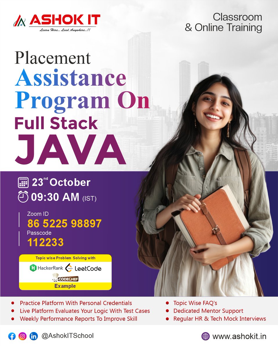 ashokitschool's tweet image. 🚀 Get Job-Ready with Full Stack Java Placement Assistance Program!
Register Now: tr.ee/ROlaR2
Starts On: 23rd October @ 9:30 AM
Mode: Classroom & Online
#JavaTraining #PlacementProgram #AshokIT #JavaDevelopers #JavaCareer