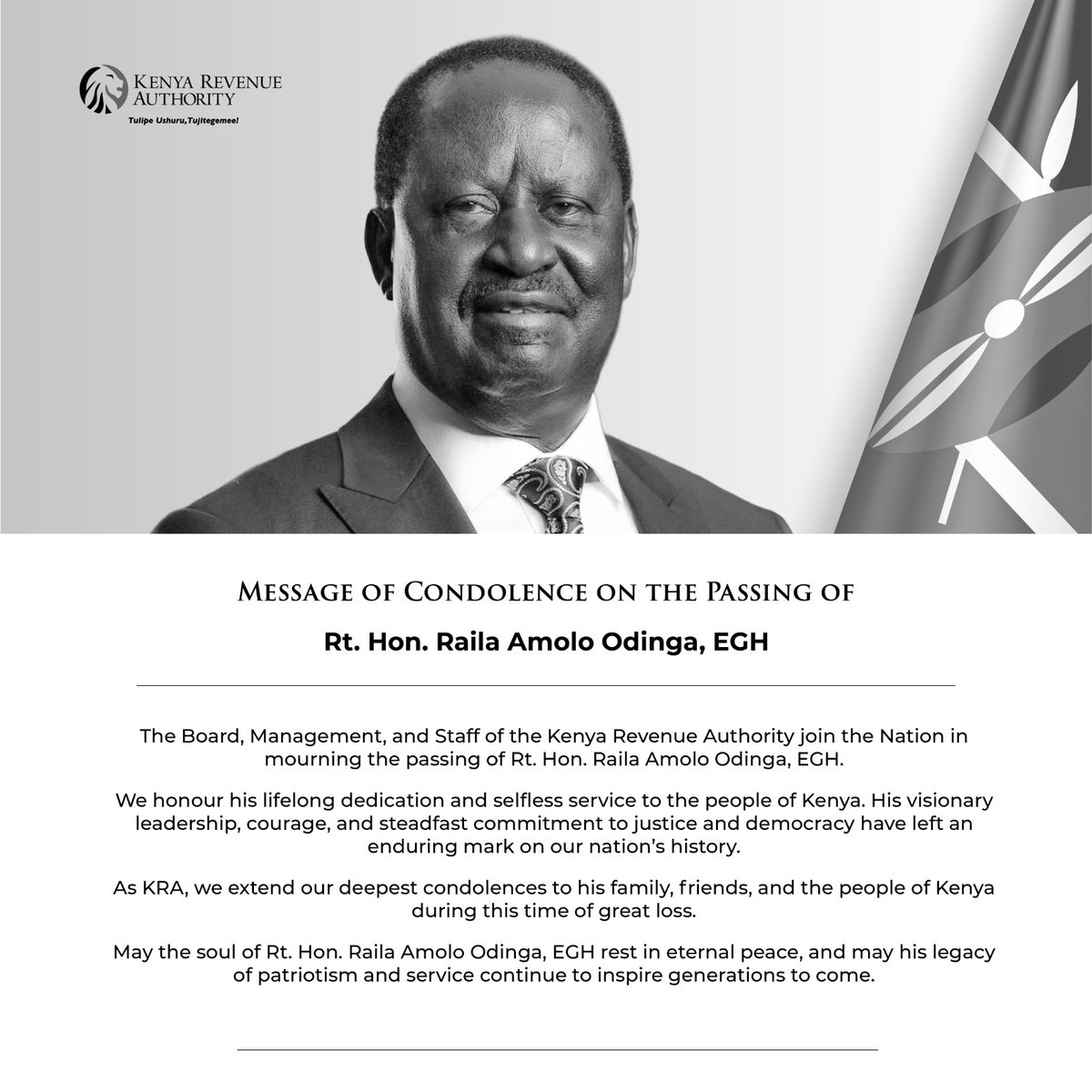 Today, we honour a man who gave everything for Kenya’s democracy.
Rt. Hon. Raila Amolo Odinga, EGH, stood tall through storms and never lost faith in the promise of this nation.
May his spirit live on in every Kenyan who dares to dream of a better country.

Rest In Peace, Jakom.