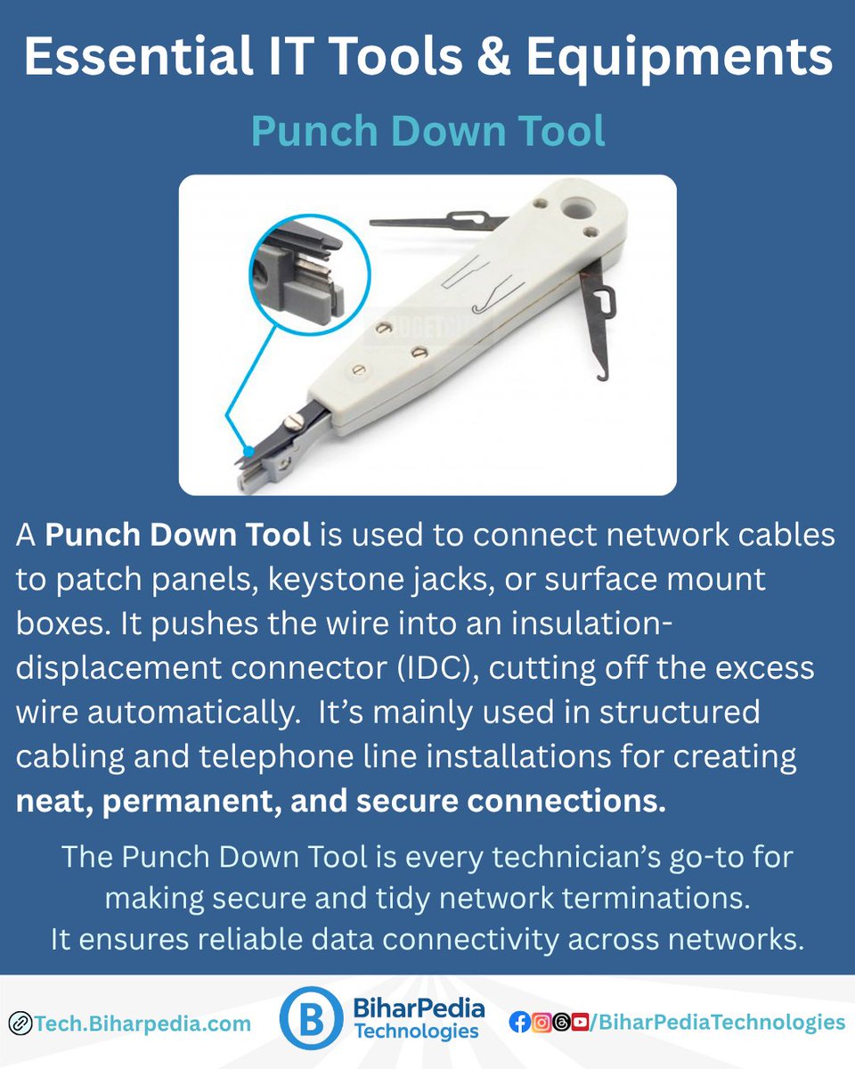BiharPediaHub's tweet image. ✨ Essential IT Tools &amp;amp; Equipment : Punch Down Tool 

🔧 The Punch Down Tool is every technician’s go-to for making secure and tidy network terminations.
 
#PunchDownTool #NetworkingTools #ITSupport #DigitalBihar #BiharPediaTechnologies #BiharPedia #BiharPediaInstituteOfLearning