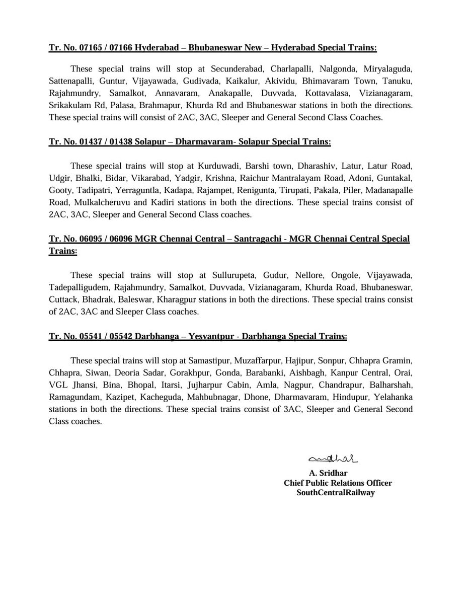 Festival Special Trains between various Destinations