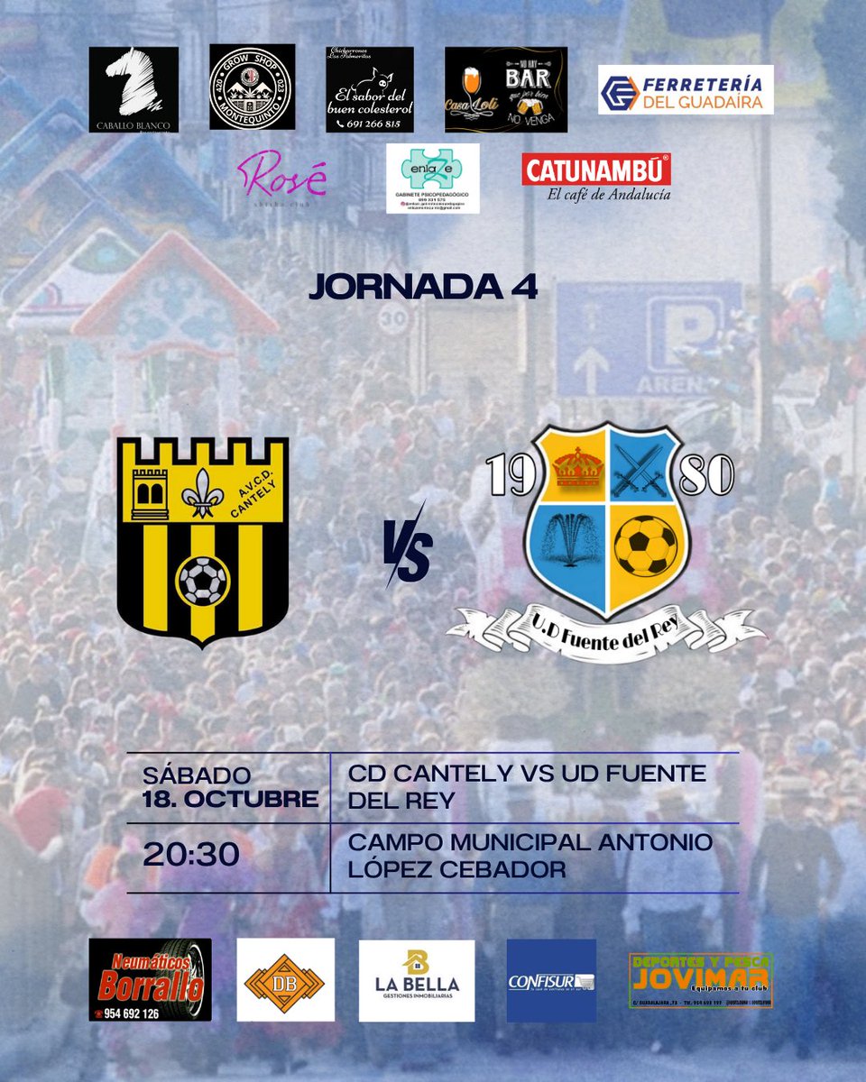 💥 JORNADA 4
Este sábado visitamos al CD Cantely 🔥
📅 18 de octubre
🕣 20:30 h
📍 Campo Municipal Antonio López Cebador

Vamos con todo 💛💙
#UDFuentedelRey
