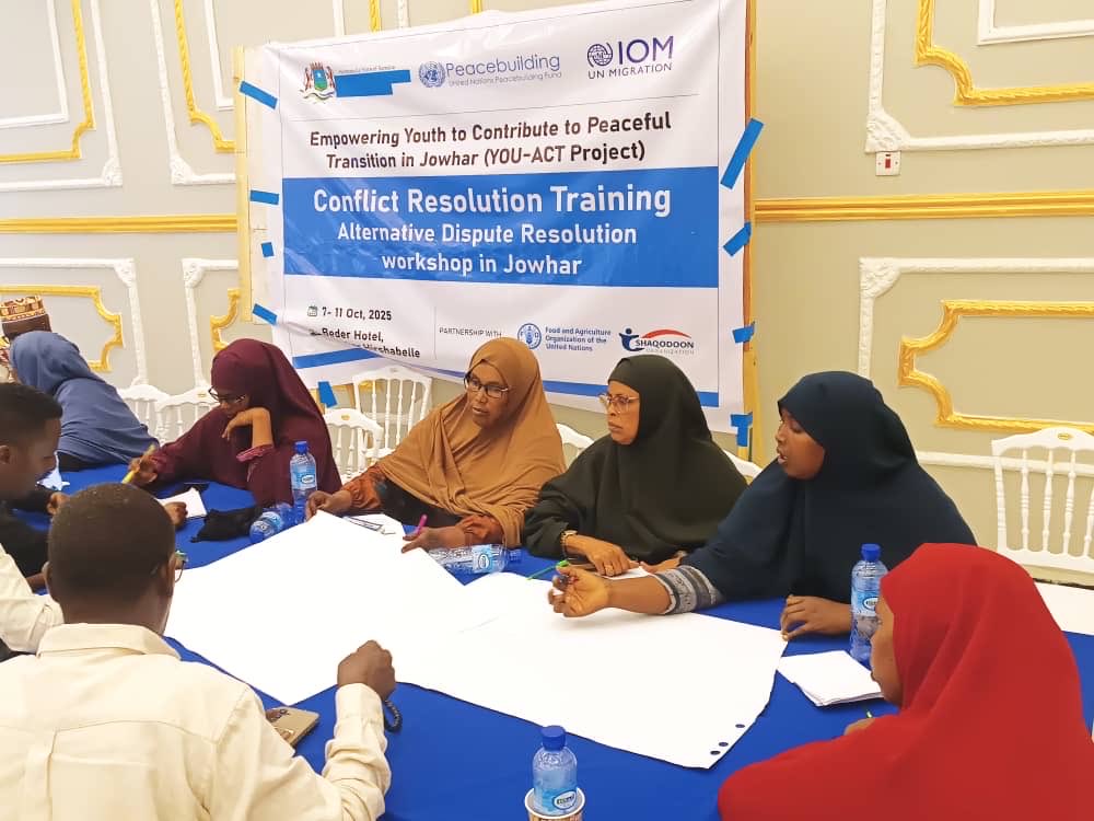iom_somalia's tweet photo. .@MOYS_Hirshabele, IOM, @FAOSomalia & @Shaqodoonorg
trained YAC members, youth, elders & community leaders in #Jowhar on conflict resolution through Alternative Dispute Resolution, to strengthen dialogue & peaceful coexistence in the communities.
#YOUACTProject #Peacebuilding https://t.co/pSRm1xT1Tk